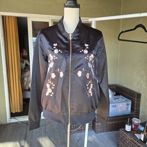 Ci Sono Embroidered Bomber Jacket Black Floral Bird Zip Up Size L